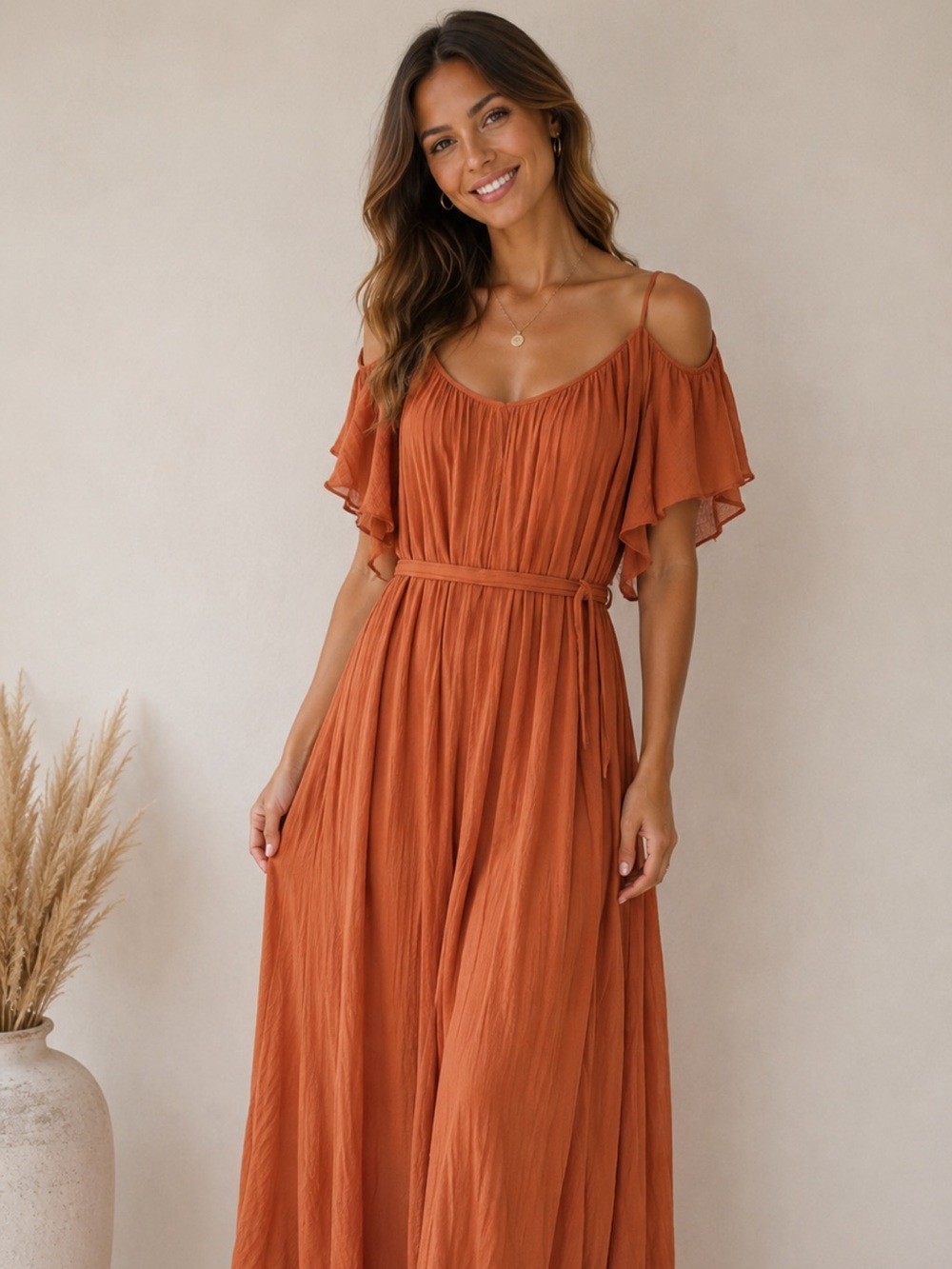 Rust Orange Maxi Dress with Ruffles